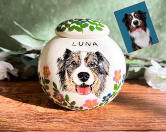 Hand-Painted Pet Portrait Urn | Custom Underglaze Ceramic Urn | Personalized Dog Memorial Keepsake