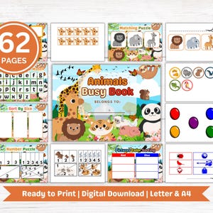 Animal Busy Book Printable: Toddler Learning Binder (62-Page Digital Download