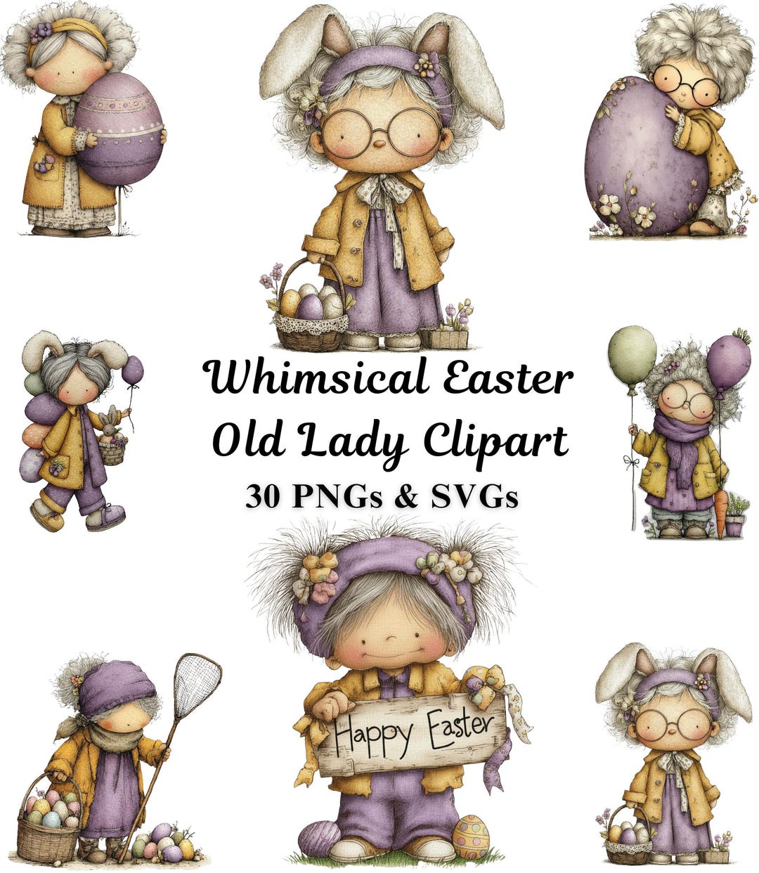Easter Granny Clipart Bundle | Watercolor Spring Illustrations (PNG SVG ...