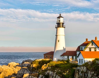 Golden Hour Portland Head Light Print – Maine Coastal Seascape Photography