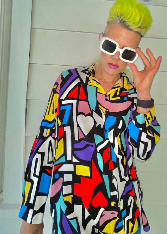 Vintage Abstract Colorful Geometric Button Up