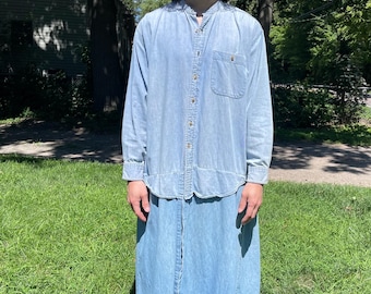Vintage upcycled light wash denim shirt dress 90s