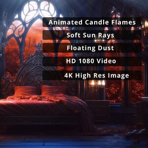 Pode incluir: Um quarto gótico escuro com uma cama grande e ornamentada, um dossel de veludo vermelho e uma janela com vista para uma floresta. O quarto é iluminado por velas e o sol está se pondo lá fora. A imagem está disponível em alta resolução 4K e como vídeo HD de 1080p.