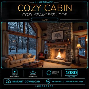 Könnte beinhalten: Eine digitale Videodatei mit dem Titel LUMESCAPE COZY CABIN COZY SEAMLESS LOOP, die ein Wohnzimmer mit Steinkamin, brennendem Feuer, beigem Sofa und großen Fenstern mit Blick auf einen verschneiten Wald zeigt. Enthält MP4, 1080 Full HD und Symbole.