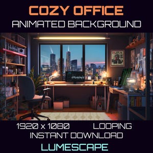 Puede incluir: Un fondo animado digital que presenta un espacio de oficina acogedor con un escritorio, una silla y una vista de la ciudad. La oficina tiene una lámpara de escritorio, una computadora y una estantería. La vista de la ciudad es nocturna, con un cielo azul y luces brillantes. El texto "Cozy Office Animated Background" está en la parte superior de la imagen. El texto "1920 x 1080 Looping Instant Download Lumescape" está en la parte inferior de la imagen.
