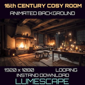 Cozy 16th Century Room Animated Background, Rain Fire Candle Glow, Looping 1080 Video & 4K Image Vtuber Zoom Stream Overlay OBS Twitch Vtube