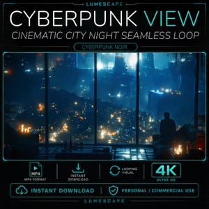 Könnte beinhalten: Eine digitale Videodatei mit dem Titel CYBERPUNK VIEW CINEMATIC CITY NIGHT SEAMLESS LOOP. Das Bild zeigt einen dunklen Raum mit der Silhouette einer Person, die aus einem großen Fenster auf eine blau leuchtende Stadt bei Nacht blickt.
