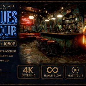 May include: A digital animated background titled LUMESCAPE BLUES HOUR featuring a vintage bar interior with red stools, a jukebox, and a neon sign. The graphic includes technical specifications: 4K + 1080P, animated background, vintage blues bar, seamless loop, MP4, 30 sec.