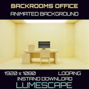 May include: A digital animated background of a yellow office with a desk, chair, and computer. The computer screen has a static glitch effect. The text "BACKROOMS OFFICE ANIMATED BACKGROUND" is at the top of the image. The text "1920 x 1080 LOOPING INSTANT DOWNLOAD LUMESCAPE" is at the bottom of the image.