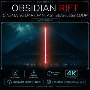 May include: A digital file titled OBSIDIAN RIFT, a cinematic dark fantasy seamless loop. The image features a large, dark pyramid structure with a vertical, glowing red light beam at its center, set against a dark, moody, atmospheric sky.