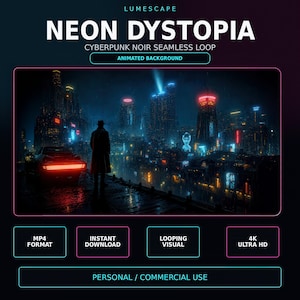 May include: A digital graphic titled LUMESCAPE NEON DYSTOPIA CYBERPUNK NOIR SEAMLESS LOOP ANIMATED BACKGROUND. It features a silhouette of a person in a hat and coat standing on a wet platform overlooking a dark city skyline with glowing neon lights.
