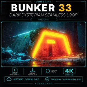 Puede incluir: Un archivo de video digital titulado BUNKER 33 DARK DYSTOPIAN SEAMLESS LOOP que muestra una estructura de hormigón con un arco de neón naranja brillante, puertas cubiertas de grafitis y el texto BUNKER 33 en un bosque oscuro y nevado.
