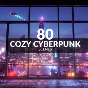 May include: A digital download image showing a cyberpunk cityscape at dusk, seen through a large window. The text "80 COZY CYBERPUNK SCENES" is displayed. A futuristic vehicle flies across the sky, enhancing the cyberpunk theme.