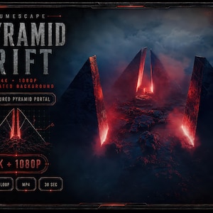 May include: A digital graphic titled LUMESCAPE PYRAMID RIFT featuring a dark, rocky landscape with three large, glowing red triangular structures. Text includes 4K + 1080P ANIMATED BACKGROUND, FRACTURED PYRAMID PORTAL, SEAMLESS LOOP, MP4, and 30 SEC.
