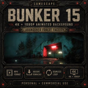 May include: A digital product display for Bunker 15, a 4K and 1080p animated background featuring an abandoned forest facility. The graphic includes text labels for MP4 format, instant download, seamless loop, and personal or commercial use.