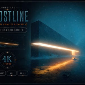 Może przedstawiać: Grafika cyfrowa zatytułowana LUMESCAPE FROSTLINE 4K 1080P ANIMATED BACKGROUND BRUTALIST WINTER SHELTER. Przedstawia długą, ciemną, prostokątną konstrukcję emitującą poziomy pas ciepłego pomarańczowego światła na zaśnieżony, ciemnoniebieski krajobraz.