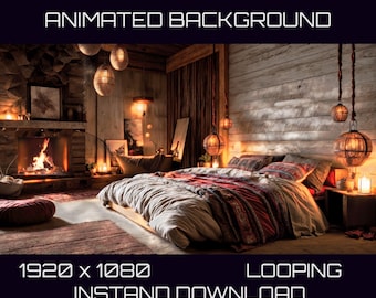 Rustikale Hütte Schlafzimmer animierten Hintergrund, gemütliche Animation Ambiente, Looping 1080 Video & 4K Bild Vtuber Zoom Stream Overlay OBS Twitch Vtube