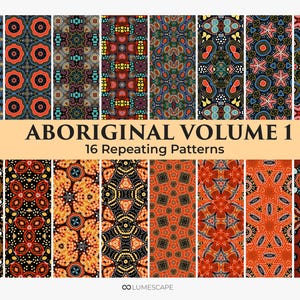 Può includere: Una collezione di 16 motivi aborigeni ripetuti in vari colori, tra cui blu, arancione e nero. I motivi sono visualizzati in colonne verticali, con il titolo "ABORIGINAL VOLUME 1" e "16 Repeating Patterns" al centro. Download digitale disponibile.