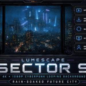 Könnte beinhalten: Eine digitale Videodatei mit dem Titel LUMESCAPE SECTOR 9, die eine dunkle, regennasse Cyberpunk-Stadt bei Nacht mit leuchtend blauen Lichtern und hohen Strukturen zeigt. Die Oberfläche zeigt MP4 FORMAT, INSTANT DOWNLOAD, SEAMLESS LOOP, 4K + 1080P und PERSONAL + COMMERCIAL USE.