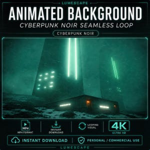 Könnte beinhalten: Ein animierter digitaler Hintergrund mit dem Titel LUMESCAPE ANIMATED BACKGROUND CYBERPUNK NOIR SEAMLESS LOOP. Das Bild zeigt dunkle, monolithische Strukturen mit leuchtend grünen vertikalen Linien und Lichtern in einer nebligen Umgebung.