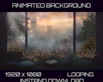 Animerad bakgrund med stämningsfull stadsbild, animationseffekter | 1080 HD-video och 4K-bild | 1080 Vtuber Loopable Stream Overlay OBS Twitch