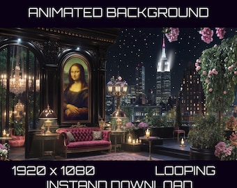 Art Deco Cyberpunk Balcony Cityscape Animated Background, Looping 1080 Video & 4K Image | Vtuber Zoom Stream Overlay OBS Twitch Vtube