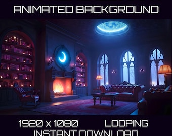 Op de afbeelding: Een geanimeerde achtergrond van een mystieke bibliotheek met een open haard, boekenkasten en een halve maan in het plafond. De achtergrond is 1920 x 1080 pixels en loopt in een lus.