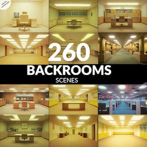 Peut inclure: Visuel numérique de neuf scènes de bureaux. Le texte central indique "260 BACKROOMS SCENES". Les scènes présentent divers aménagements de bureaux, avec des bureaux, des chaises et un éclairage fluorescent.