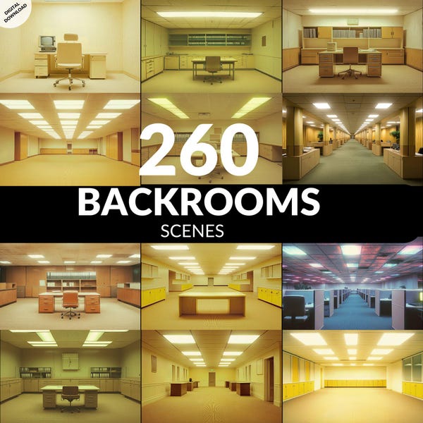 Paquete de fondos 4K de 260 Backrooms: fondo de pantalla de oficina espeluznante y espacio liminal, escenas de terror analógicas en trastiendas para streamers y artistas.