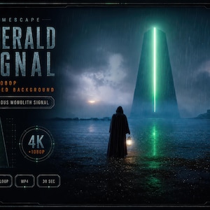 Könnte beinhalten: Eine digitale Grafik mit dem Text LUMESCAPE EMERALD SIGNAL 4K + 1080P ANIMATED BACKGROUND MYSTERIOUS MONOLITH SIGNAL. Sie zeigt eine vermummte Gestalt mit einer Laterne vor einem dunklen Monolithen, der im Regen ein vertikales grünes Licht ausstrahlt.