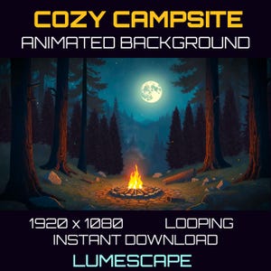 Könnte beinhalten: Animierter Hintergrund mit einer gemütlichen Campingplatzszene mit einem Lagerfeuer, Bäumen und einem Vollmond am Nachthimmel. Der Text "Cozy Campsite Animated Background" befindet sich oben im Bild. Der Text "1920 x 1080 Looping Instant Download Lumescape" befindet sich unten im Bild.