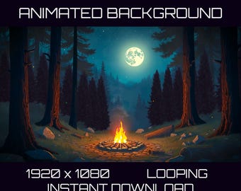 Przytulne leśne ognisko animowane tło, ogień świetlik lekka mgła | Loopable 1080 HD wideo i obraz 4K Vtuber Zoom Stream Overlay OBS Twitch