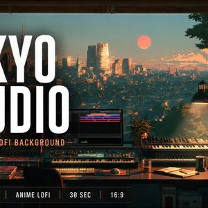 May include: A digital music production studio workspace featuring a desk with keyboards, synthesizers, and a computer monitor, set against a large window overlooking a Tokyo cityscape at sunset with the text TOKYO STUDIO 4K ANIMATED LOFI BACKGROUND.