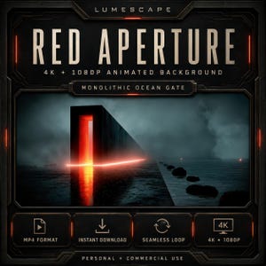 Könnte beinhalten: Eine digitale Produktanzeige mit dem Titel LUMESCAPE RED APERTURE 4K + 1080P ANIMATED BACKGROUND MONOLITHIC OCEAN GATE. Die Grafik zeigt eine dunkle, rechteckige Struktur mit leuchtend rotem Inneren vor einer nebligen Meereskulisse mit Felsen.