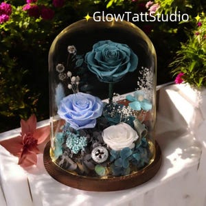 Glass Dome Preserved Rose Bouquet - Forever Romantic Gift for Her, Valentine’s Day, Anniversary, Wedding, Handmade Home Decor Keepsake