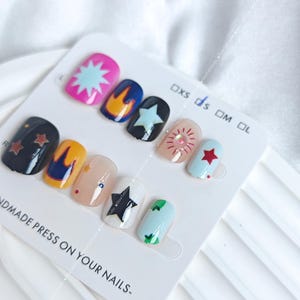 Handmade Dopamine Graffiti Press-On Nails, Cute & Sweet Cool Nail Set, Doodle False Nails, Colorful Press On Nails, Summer Nail Decals