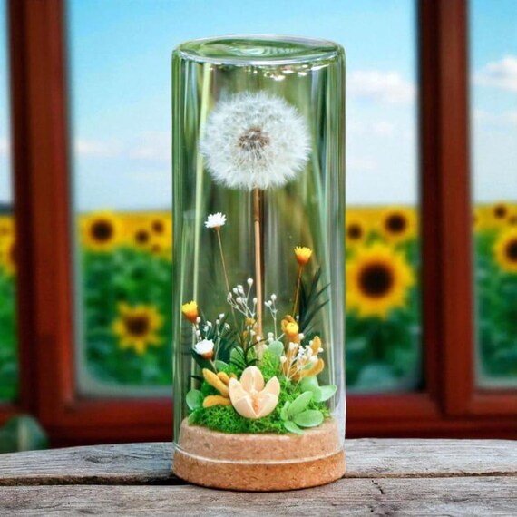JoyFlower Preserved Real Dandelion In Glass Dome - Eternal Flower Gift For Women, Friends, Sisters