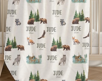 Personalized Woodland Animal Baby Blanket, Custom Name Blanket Gift Idea For Baby Boy Newborn Forest Animal Hospital Blanket