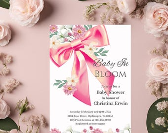 Baby In Bloom Shower Invitation, Pink Bow Baby Shower Invitation, Floral Baby Shower Invitation, Baby In Bloom Evite, Pink Baby Shower