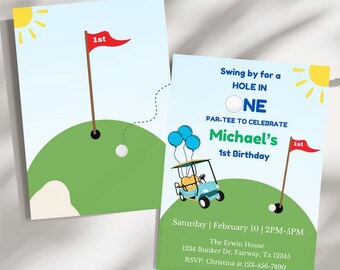 May include: Two golf-themed birthday party invitations. One shows a golf ball, flag, and green hill. The other has a golf cart with balloons, a golf ball, and a flag. Text includes "Swing by for a HOLE IN ONE" and "Michael's 1st Birthday".