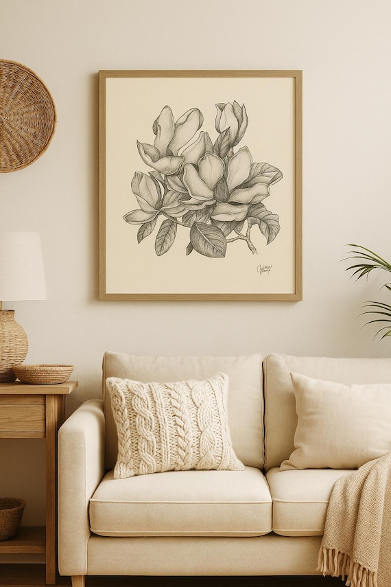 Magnolia Flower Pencil Illustration: Botanical Line Art Print (Digital Download)