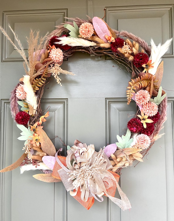 Handmade Rustic Fall Wreath: Burlap Bow & Faux Florals