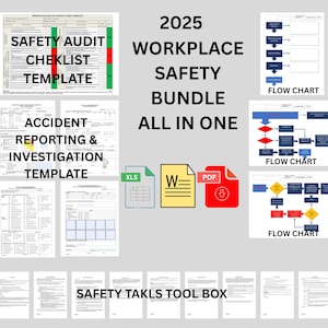 Puede incluir: Imagen de un paquete de seguridad en el lugar de trabajo para 2025, que incluye plantillas para auditorías de seguridad e informes de accidentes, junto con diagramas de flujo. Los formatos de archivo incluyen XLS, Word y PDF. El texto dice "Safety Audit Checklist Template".