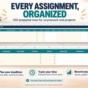 Op de afbeelding: Een digitale opdrachten-tracker sjabloon voor Microsoft Excel met een donkerblauwe koptekst met de tekst EVERY ASSIGNMENT, ORGANIZED en 250 voorbereide rijen. Kolommen bevatten cursus, opdracht, vervaldatum, prioriteit, status en cijferpercentage.