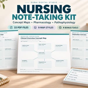 Könnte beinhalten: Ein Notiz-Set für die Krankenpflege mit 32 PDF-Dateien, 9 Kartenstilen und 4 Bonus-Tools. Die Sammlung enthält Vorlagen für Zustandsübersichten, klinische Konzeptkarten, Medikamentenübersichten und Lernkarten für die Pharmakologie mit Text.