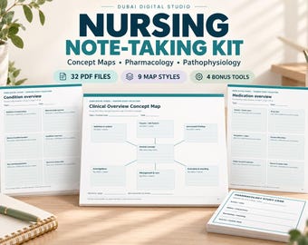 Kit para tomar notas de enfermería / Mapas conceptuales, plantillas de estudio de farmacología y fisiopatología / Paquete PDF imprimible + 4 bonificaciones
