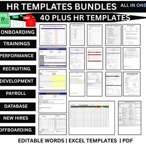 May include: A collection of HR templates bundles, including onboarding, training, and payroll forms. The image displays a variety of documents in Word, Excel, and PDF formats. Text on the image reads "HR Templates Bundles" and "40 Plus HR Templates."