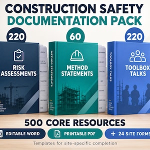 Könnte beinhalten: Ein Dokumentationspaket für Baustellensicherheit mit drei Ordnern, beschriftet als Risk Assessments, Method Statements und Toolbox Talks. Das Set enthält 500 Ressourcen, bearbeitbare Word-Dateien, druckbare PDFs und 24 Formulare.