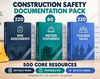 Paquete de plantillas y documentación de seguridad en la construcción: 220 evaluaciones de riesgos, 60 declaraciones de métodos y 220 charlas de seguridad, en formato Word y PDF editables.