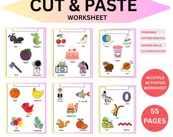 Op de afbeelding: Een kleurrijk werkblad getiteld "CUT & PASTE WORKSHEET" met diverse illustraties voor knipoefeningen. Bevat afbeeldingen van een mier, alligator, kersen, kat, jojo, jacht, appel, cake, yoghurt, yak, bijl, astronaut, camera, jas, bal, banaan, vogel, vlinder, etc.